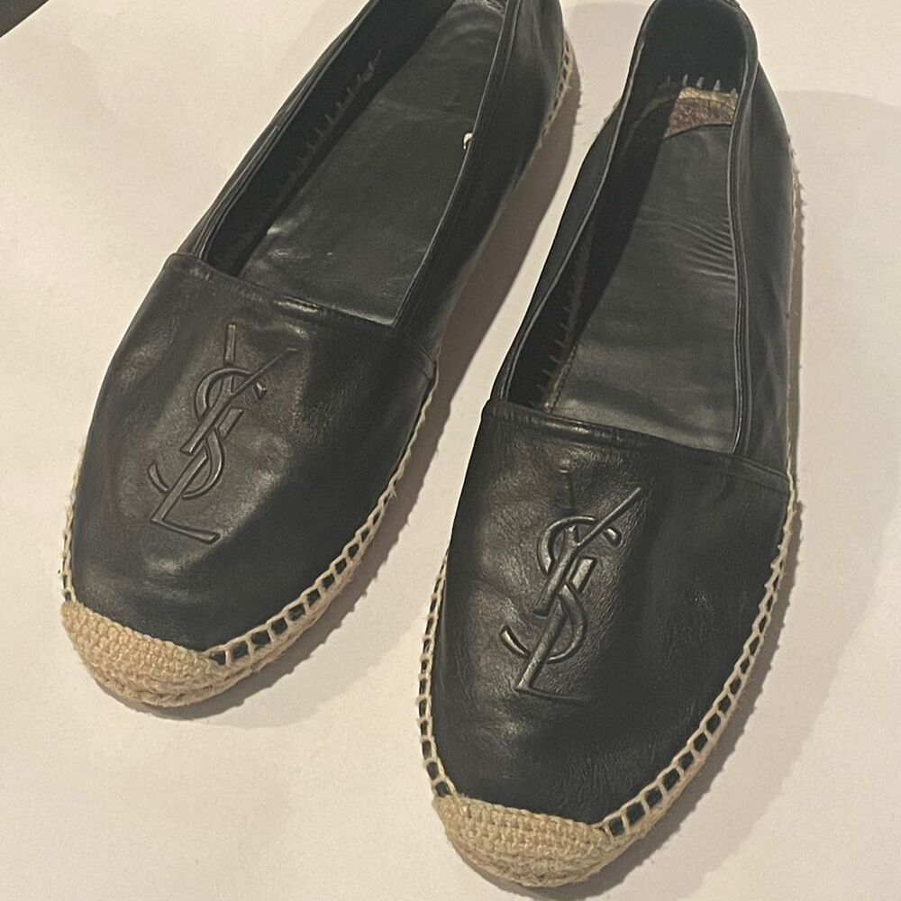 Saint Laurent Leather Espadrilles Black Slip-on YSL Logo Jute Sole Women's Shoes
